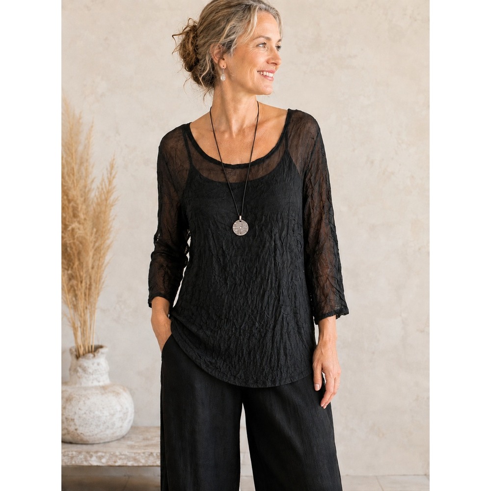 Comfy USA Crinkle Sheer Tunic Top Women‎ L Boho Lagenlook Layering 3/4 Sleeve